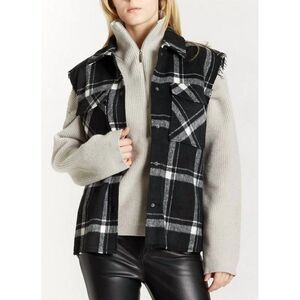Oat New York Sz. XL New Plaid Hunter Vest with Frayed Sleeves in Black/White
